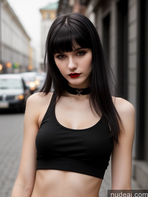 ai nude image of arafed woman with black hair and a black top on a city street pics of 18 Small Tits Skinny Beautiful Russian Close-up View Goth Tank Top Street Bangs Lipstick Black Hair