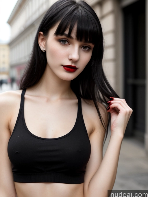 ai nude image of arafed woman with black hair and red lipstick posing for a picture pics of 18 Small Tits Skinny Beautiful Russian Close-up View Goth Tank Top Street Bangs Lipstick Black Hair