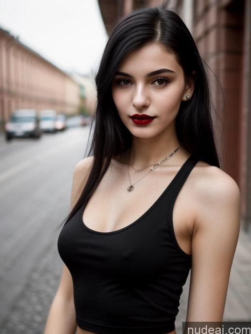 related ai porn images free for Small Tits Beautiful Skinny 18 Black Hair Straight Russian Street Close-up View Goth Tank Top Lipstick