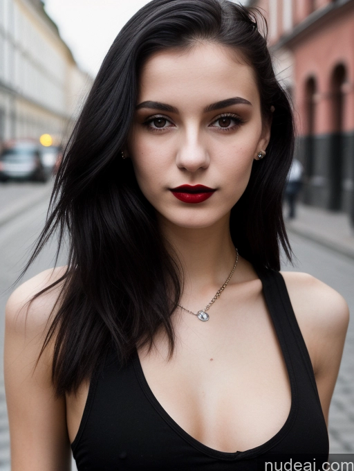 related ai porn images free for Small Tits Beautiful Skinny 18 Black Hair Straight Russian Street Close-up View Goth Tank Top Lipstick