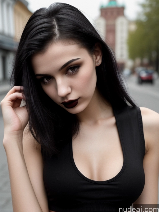 related ai porn images free for Small Tits Beautiful Skinny 18 Black Hair Straight Russian Street Close-up View Goth Tank Top Lipstick