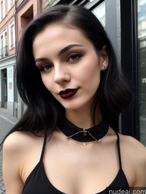 related ai porn images free for Small Tits Beautiful Skinny 18 Black Hair Straight Russian Street Close-up View Goth Tank Top Lipstick