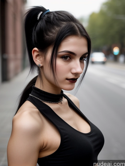 related ai porn images free for Small Tits Beautiful Skinny 18 Black Hair Russian Street Close-up View Goth Tank Top Ponytail