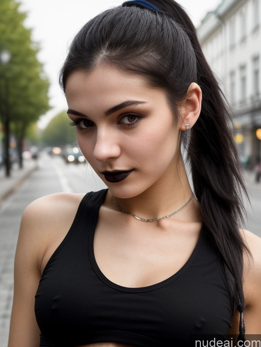 related ai porn images free for Small Tits Beautiful Skinny 18 Black Hair Russian Street Close-up View Goth Tank Top Ponytail