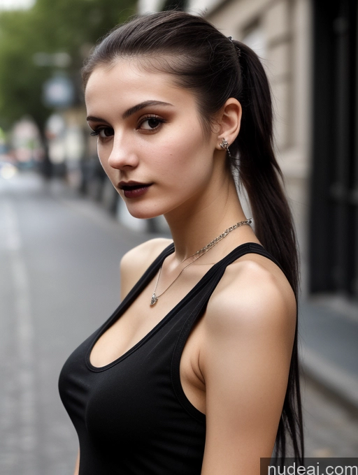 related ai porn images free for Small Tits Beautiful Skinny 18 Black Hair Russian Street Close-up View Goth Tank Top Ponytail