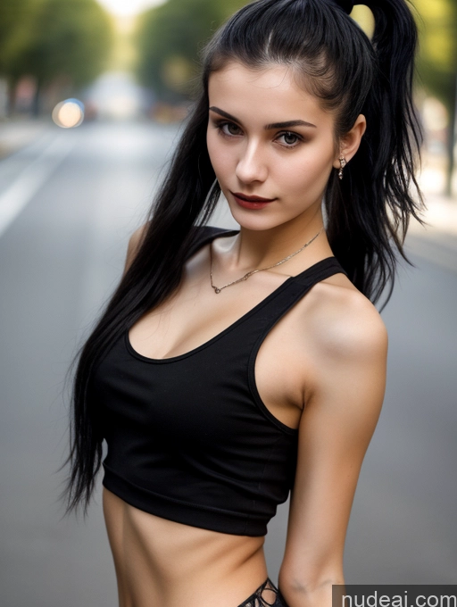 related ai porn images free for Small Tits Beautiful Skinny 18 Black Hair Russian Street Close-up View Goth Tank Top Ponytail