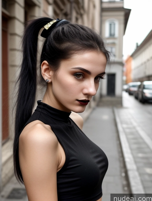 related ai porn images free for Small Tits Beautiful Skinny 18 Black Hair Russian Street Close-up View Goth Tank Top Ponytail