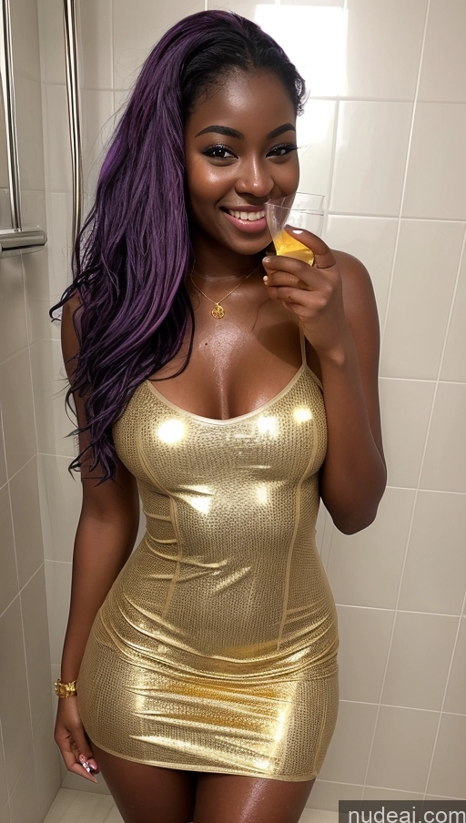 ai nude image of there is a woman in a gold dress holding a banana pics of Two Purple Hair Happy Seductive Sexy Face Gold Jewelry Wine Transparent Sundress Dark Skin Oiled Body Nigerian Tanned Skin Beautiful Boots Sorority Shower Eating Fishnet 18