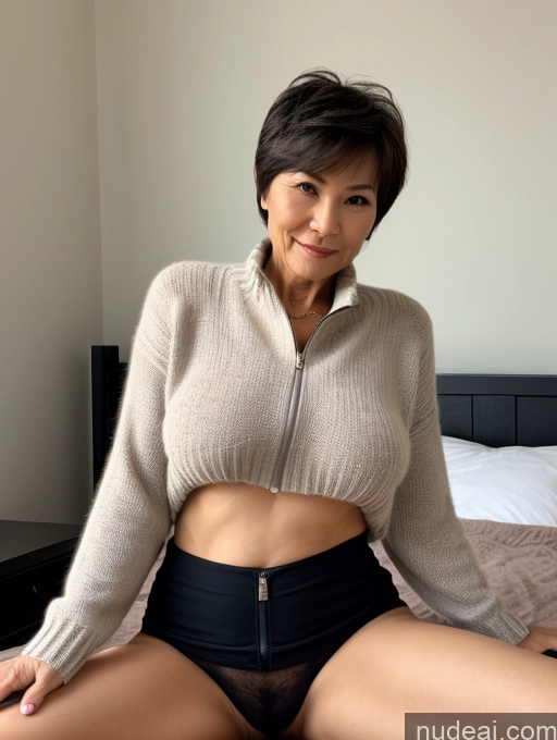 ai nude image of there is a woman sitting on a bed wearing a black underwear pics of Milf Perfect Boobs Perfect Body Pubic Hair Short Hair 60s Chinese Bedroom Spreading Legs Casual Sweater Topless Dark Lighting Sexy Face