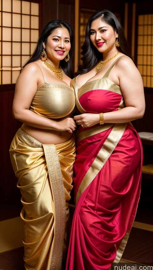 ai nude image of two women in saris posing for a picture in a room pics of Woman Busty Two Huge Boobs Beautiful Lipstick Big Ass Chubby Fairer Skin 50s Happy Seductive Sexy Face Black Hair Straight Malaysian Onsen Front View Sari Traditional Jewelry Gold Jewelry Bright Lighting Detailed