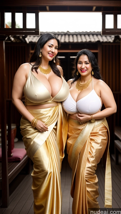 ai nude image of two women in gold saris posing for a picture in a room pics of Woman Busty Two Huge Boobs Beautiful Lipstick Big Ass Chubby Fairer Skin 50s Happy Seductive Sexy Face Black Hair Straight Malaysian Onsen Front View Sari Traditional Jewelry Gold Jewelry Bright Lighting Detailed