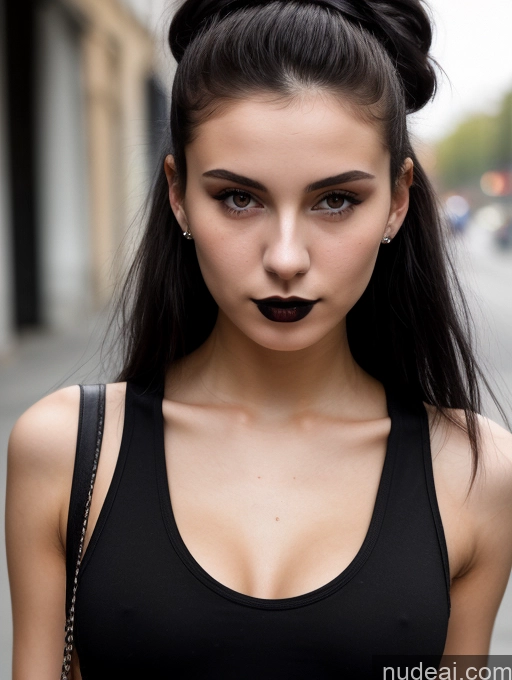 related ai porn images free for Small Tits Beautiful Skinny 18 Black Hair Russian Street Close-up View Goth Tank Top Hair Bun