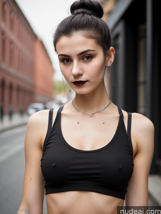 related ai porn images free for Small Tits Beautiful Skinny 18 Black Hair Russian Street Close-up View Goth Tank Top Hair Bun