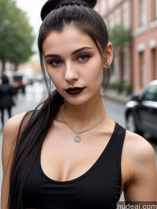 related ai porn images free for Small Tits Beautiful Skinny 18 Black Hair Russian Street Close-up View Goth Tank Top Hair Bun