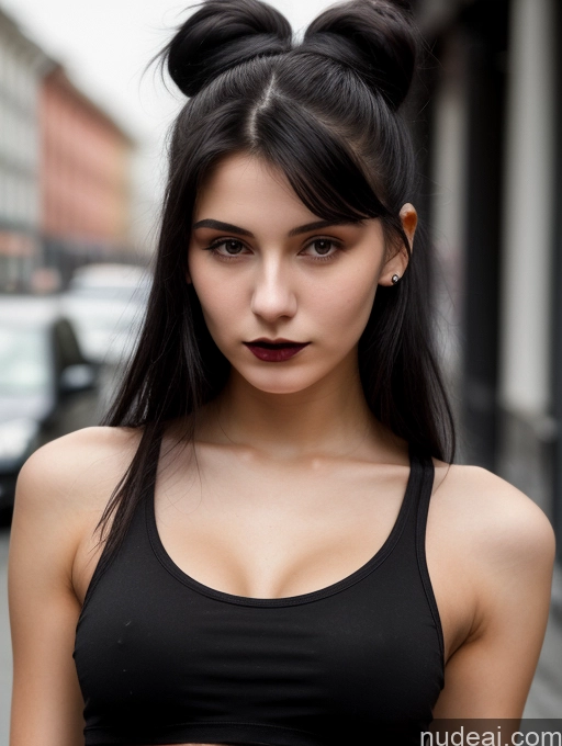 related ai porn images free for Small Tits Beautiful Skinny 18 Black Hair Russian Street Close-up View Goth Tank Top Hair Bun