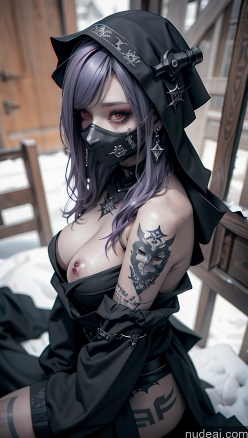 ai nude image of arafed woman with purple hair and a hood on sitting on a bench pics of Milf Perfect Boobs Tattoos Gothic Punk Girl Snow Close-up View Fallout Straddling Cultist Hood Nude Face Mask Purple Hair