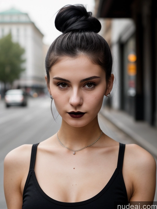 related ai porn images free for Small Tits Beautiful Skinny 18 Black Hair Russian Street Close-up View Goth Tank Top Hair Bun