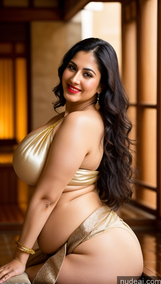 ai nude image of araffe woman in a gold dress posing for a picture pics of Woman Busty Huge Boobs Beautiful Lipstick Big Ass Chubby Fairer Skin 50s Happy Seductive Sexy Face Black Hair Straight Onsen Front View Sari Traditional Jewelry Gold Jewelry Bright Lighting Detailed Middle Eastern