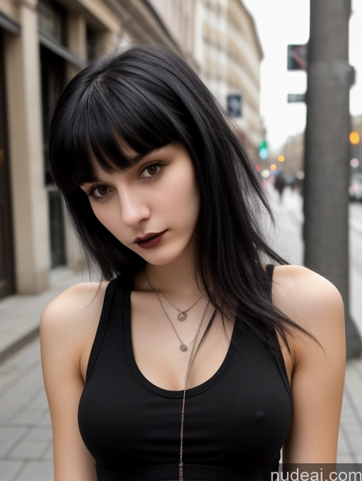 related ai porn images free for Small Tits Beautiful Skinny 18 Black Hair Russian Street Close-up View Goth Tank Top Bangs