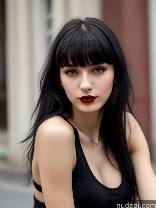 ai nude image of arafed woman with long black hair and red lipstick posing for a picture pics of Small Tits Beautiful Skinny 18 Black Hair Russian Street Close-up View Goth Tank Top Bangs Lipstick