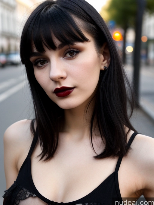 ai nude image of arafed woman with dark hair and a black bra top on a city street pics of Small Tits Beautiful Skinny 18 Black Hair Russian Street Close-up View Goth Tank Top Bangs Lipstick