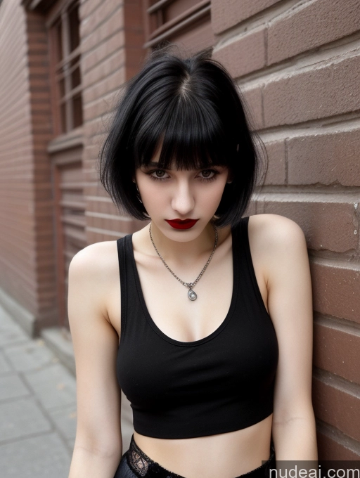 ai nude image of arafed woman with black hair and a black top leaning against a brick wall pics of Small Tits Beautiful Skinny 18 Black Hair Russian Street Close-up View Goth Tank Top Bangs Lipstick