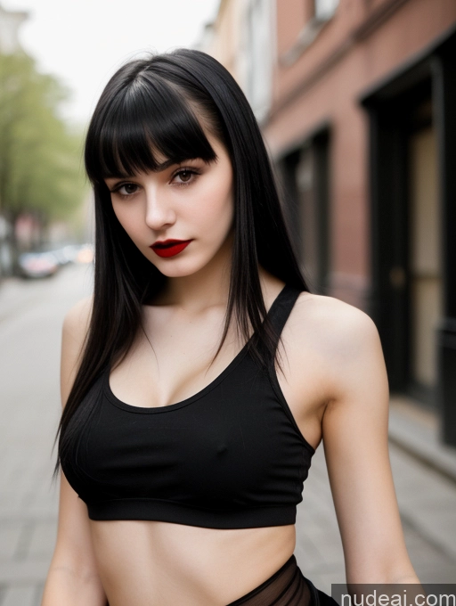 ai nude image of arafed woman in a black top and sheer pants on a city street pics of Small Tits Beautiful Skinny 18 Black Hair Russian Street Close-up View Goth Tank Top Bangs Lipstick