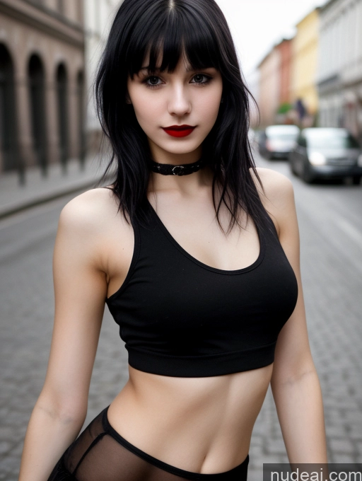 ai nude image of arafed woman in a black top and black panties on a street pics of Small Tits Beautiful Skinny 18 Black Hair Russian Street Close-up View Goth Tank Top Bangs Lipstick