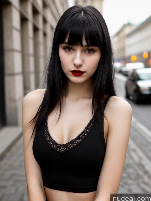 ai nude image of arafed woman with black hair and red lipstick posing for a picture pics of Small Tits Beautiful Skinny 18 Black Hair Russian Street Close-up View Goth Tank Top Bangs Lipstick