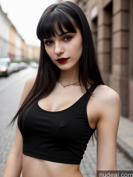 ai nude image of arafed woman in a black top and jeans standing on a street pics of Small Tits Beautiful Skinny 18 Black Hair Russian Street Close-up View Goth Tank Top Bangs Lipstick