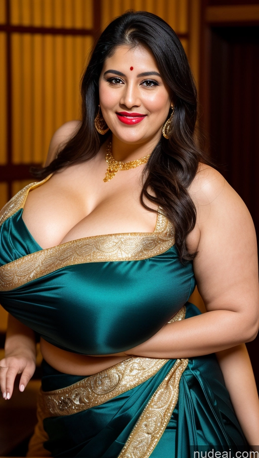 ai nude image of araffe woman in a green sari posing for a picture pics of Woman Busty Huge Boobs Beautiful Lipstick Big Ass Chubby Fairer Skin 50s Happy Seductive Sexy Face Black Hair Straight Onsen Front View Sari Traditional Jewelry Gold Jewelry Bright Lighting Detailed Middle Eastern