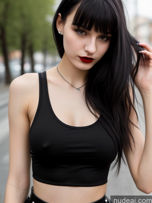 ai nude image of arafed woman with long black hair and a black top pics of Small Tits Beautiful Skinny 18 Black Hair Russian Street Close-up View Goth Tank Top Bangs Lipstick