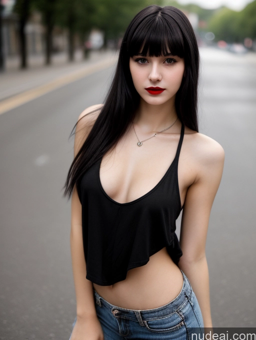 ai nude image of arafed woman with long black hair and a black top posing on a street pics of Small Tits Beautiful Skinny 18 Black Hair Russian Street Close-up View Goth Tank Top Bangs Lipstick