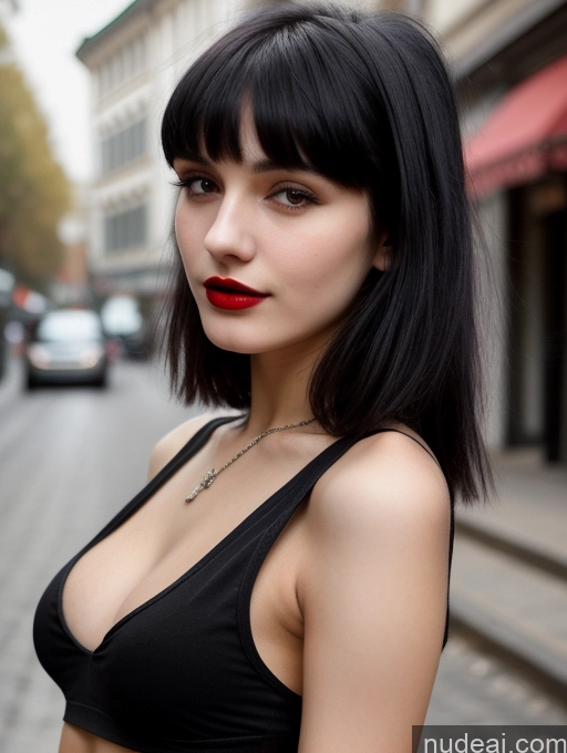 ai nude image of arafed woman with black hair and red lipstick standing on a street pics of Small Tits Beautiful Skinny 18 Black Hair Russian Street Close-up View Goth Tank Top Bangs Lipstick