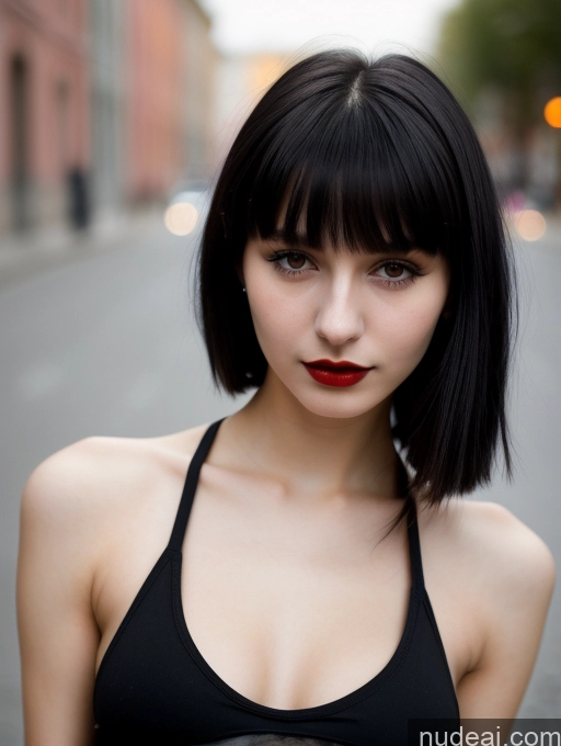 ai nude image of arafed woman with black hair and red lipstick posing for a picture pics of Small Tits Beautiful Skinny 18 Black Hair Russian Street Close-up View Goth Tank Top Bangs Lipstick