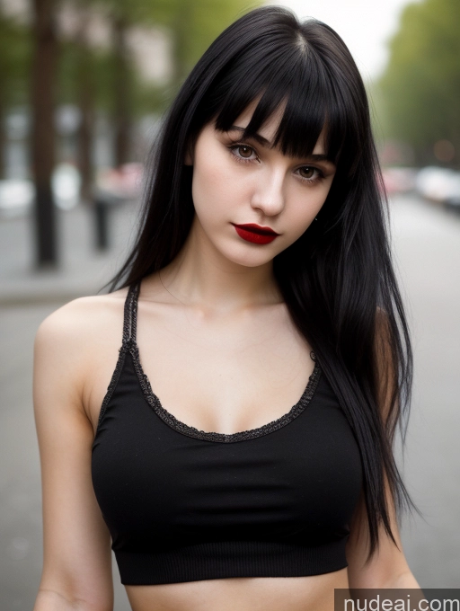 ai nude image of arafed woman with long black hair and red lipstick posing for a picture pics of Small Tits Beautiful Skinny 18 Black Hair Russian Street Close-up View Goth Tank Top Bangs Lipstick