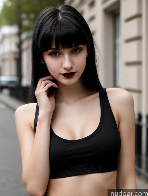 ai nude image of arafed woman in a black top and black pants on a cell phone pics of Small Tits Beautiful Skinny 18 Black Hair Russian Street Close-up View Goth Tank Top Bangs Lipstick