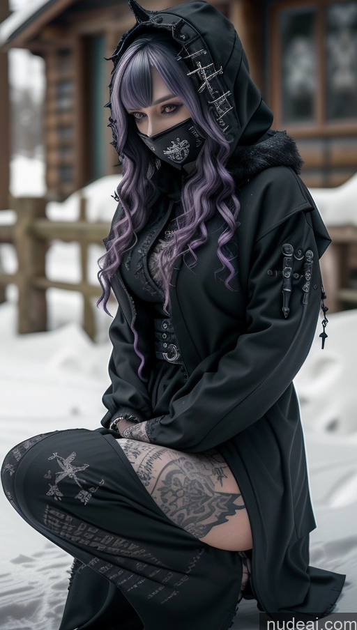 ai nude image of araffe dressed in black sitting on the snow in front of a cabin pics of Milf Perfect Boobs Tattoos Gothic Punk Girl Snow Close-up View Fallout Straddling Cultist Hood Nude Face Mask Purple Hair