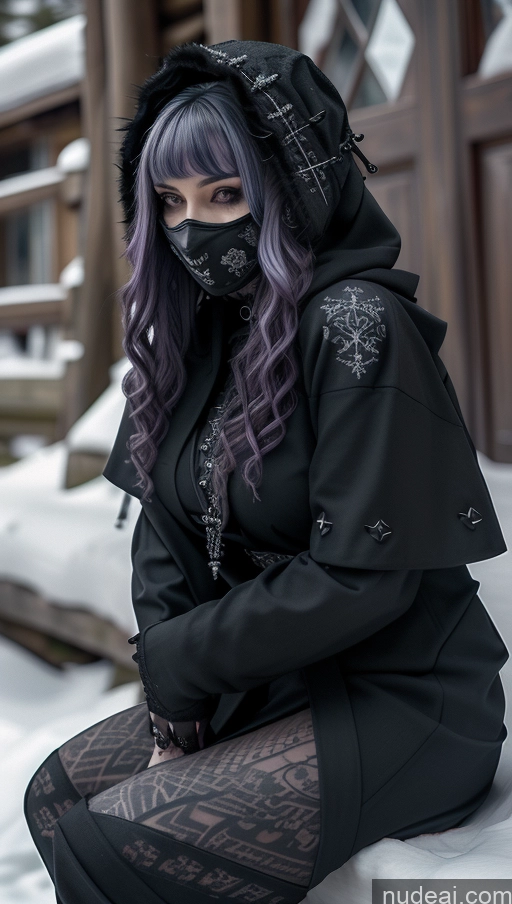 ai nude image of araffe dressed in black sitting on a bench in the snow pics of Milf Perfect Boobs Tattoos Gothic Punk Girl Snow Close-up View Fallout Straddling Cultist Hood Nude Face Mask Purple Hair