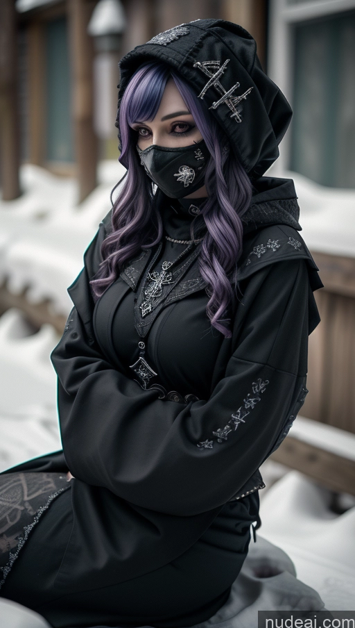 ai nude image of araffe dressed in black sitting on a bench in the snow pics of Milf Perfect Boobs Tattoos Gothic Punk Girl Snow Close-up View Fallout Straddling Cultist Hood Nude Face Mask Purple Hair