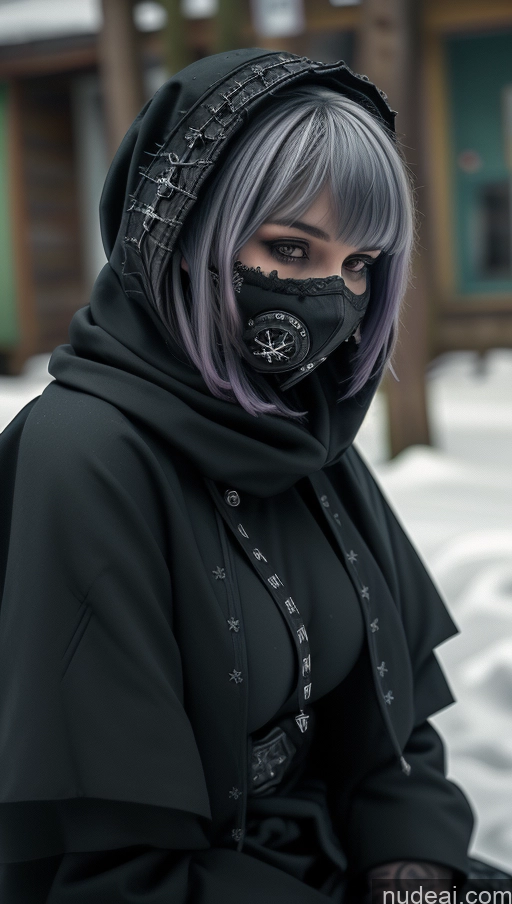 ai nude image of arafed woman with purple hair and a black hood and a black mask pics of Milf Perfect Boobs Tattoos Gothic Punk Girl Snow Close-up View Fallout Straddling Cultist Hood Nude Face Mask Purple Hair