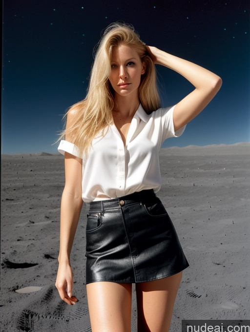 ai nude image of blond woman in a white shirt and black leather skirt posing for a picture pics of Woman One Big Ass Long Legs Fairer Skin Perfect Body 20s Serious Seductive Sexy Face Blonde Russian Casual Blouse Short Shorts Alternative Mini Skirt Boots Long Hair Front View Moon Dark Lighting