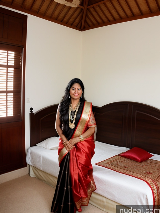 ai nude image of woman in a red and black sari sitting on a bed pics of Milf One Tanned Skin 40s Black Hair Long Hair Indian Bedroom Traditional Sari Simple