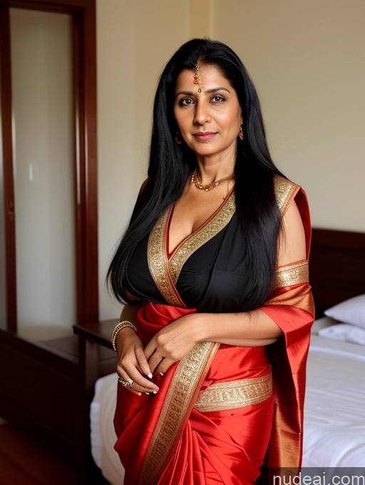 ai nude image of there is a woman in a red and black sari posing for a picture pics of One 40s Black Hair Long Hair Indian Bedroom Traditional Sari Milf Perfect Boobs