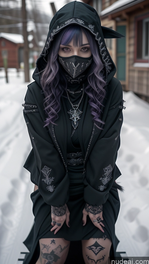 ai nude image of arafed woman with purple hair and a hood sitting on a bench pics of Milf Perfect Boobs Tattoos Gothic Punk Girl Snow Close-up View Fallout Straddling Cultist Hood Nude Face Mask Purple Hair