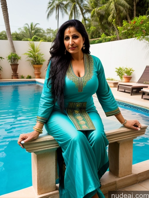 ai nude image of woman in a blue dress sitting on a ledge next to a pool pics of One 40s Black Hair Long Hair Indian Traditional Milf Perfect Boobs Pool Salwar