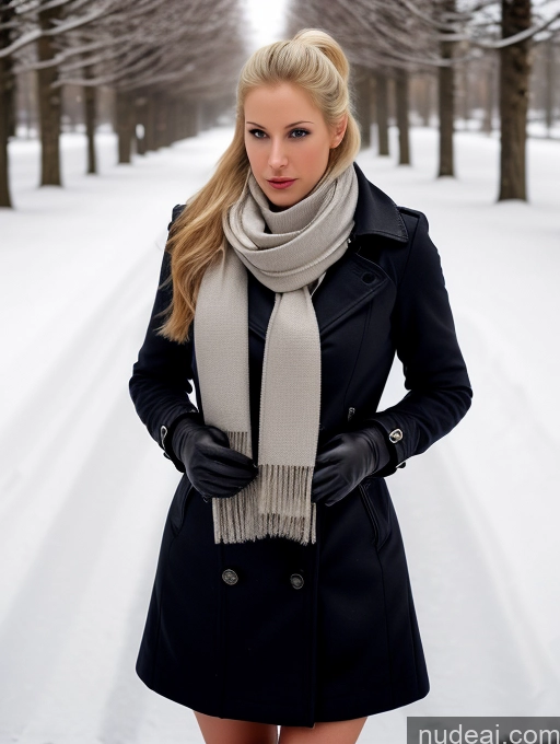 ai nude image of blond woman in winter coat and scarf posing for a picture pics of Woman One Big Ass Long Legs Fairer Skin Perfect Body 20s Serious Seductive Sexy Face Blonde Russian Alternative Boots Dark Lighting Close-up View Snow Trench Coat Scarf Gloves Ponytail