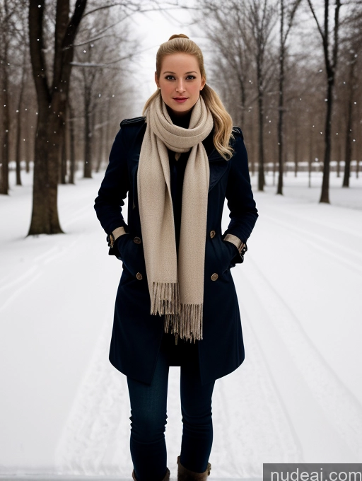 ai nude image of arafed woman in a coat and scarf standing in the snow pics of Woman One Big Ass Long Legs Fairer Skin Perfect Body 20s Serious Seductive Sexy Face Blonde Russian Alternative Boots Dark Lighting Close-up View Snow Trench Coat Scarf Gloves Ponytail