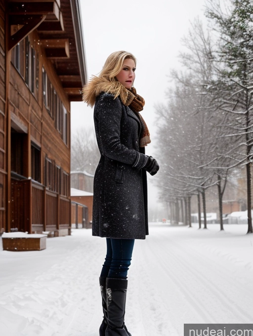 ai nude image of woman in black coat and boots standing in snow covered street pics of Woman One Big Ass Long Legs Fairer Skin Perfect Body 20s Serious Seductive Sexy Face Blonde Russian Alternative Boots Dark Lighting Snow Trench Coat Scarf Gloves Long Hair Side View Eating