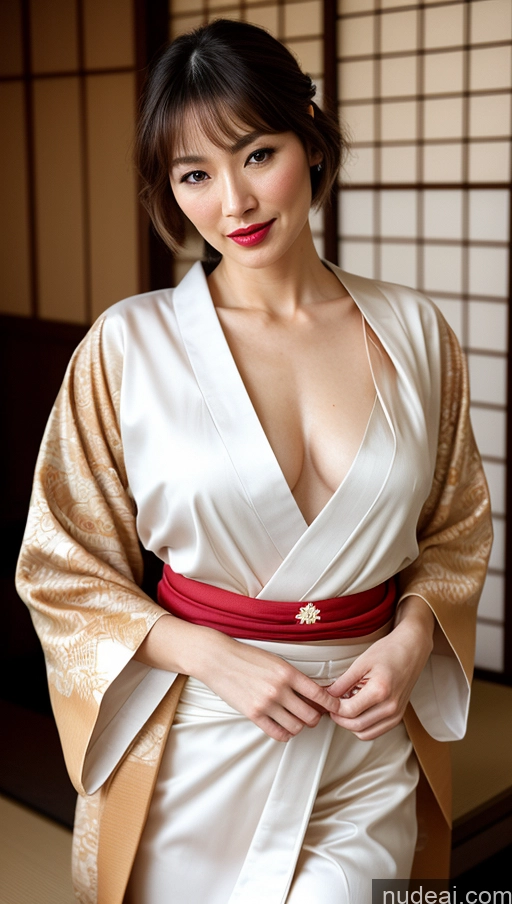 ai nude image of araffe woman in a kimono dress posing for a picture pics of Woman One Beautiful Lipstick Fairer Skin 40s Brunette Bobcut Japanese Close-up View Small Tits Perfect Body Pubic Hair Kimono Traditional Tribal